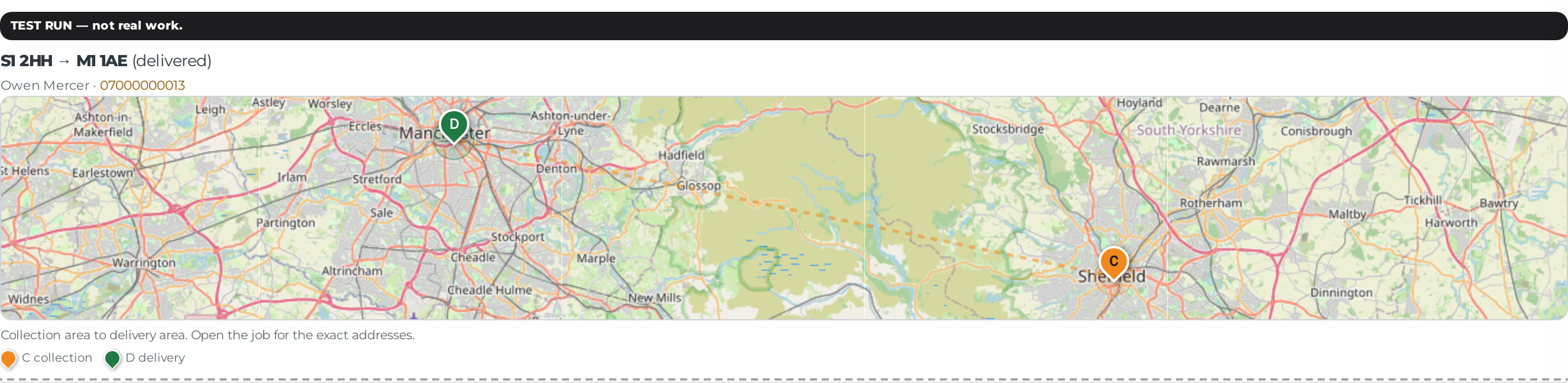 The same job tile in the driver app on a laptop