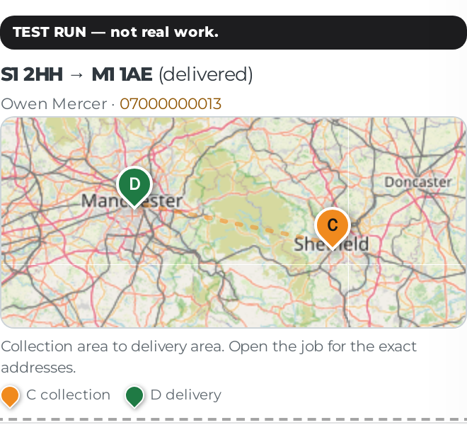 A job tile in the driver app on a phone, showing a C pin on the collection area and a D pin on the delivery area